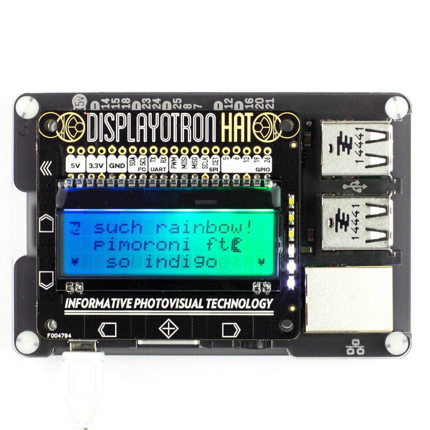 Display-O-Tron HAT - A Colorful Character Display and Button Input Accessory for Raspberry Pi Projects