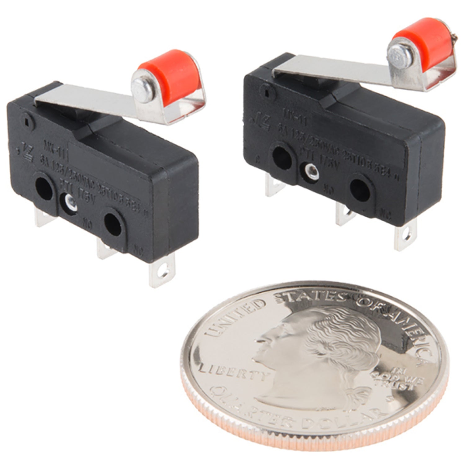 Two-Pack of Mini Single Pole Double Throw (SPDT) Microswitches with Roller Lever Actuators