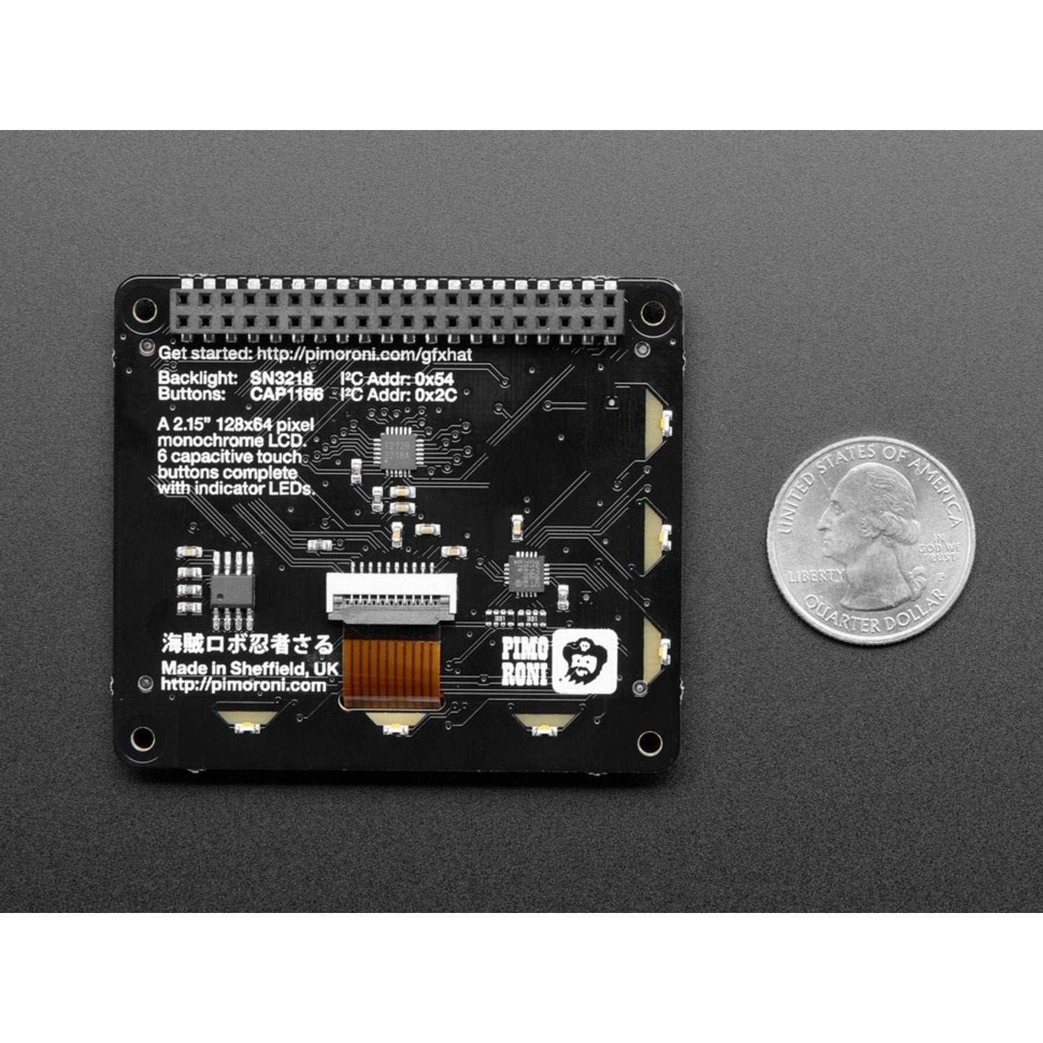 Pimoroni GFX HAT - A Premium 128x64 LCD Display Module with RGB Backlight and Six Capacitive Touch Buttons for Raspberry Pi Projects