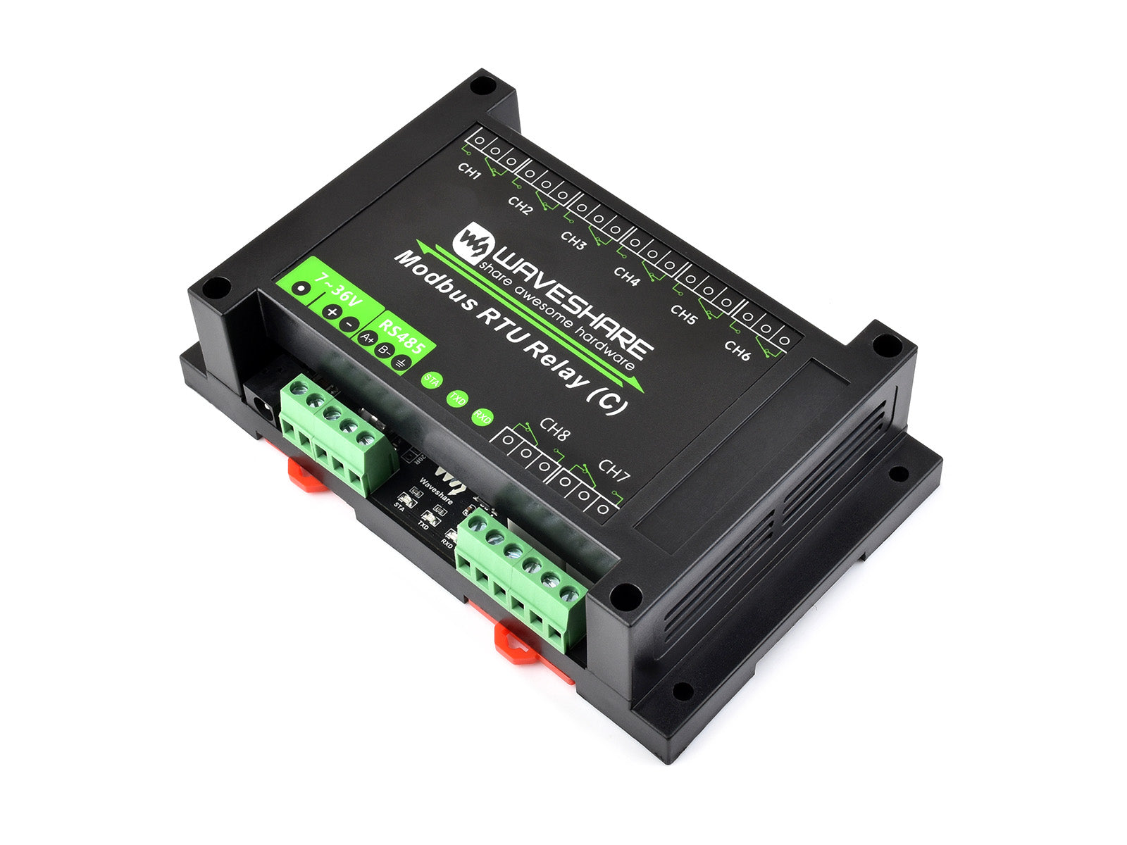 8-Channel Rail-Mounted Modbus RTU Latching Relay Module (C) with RS485 Interface