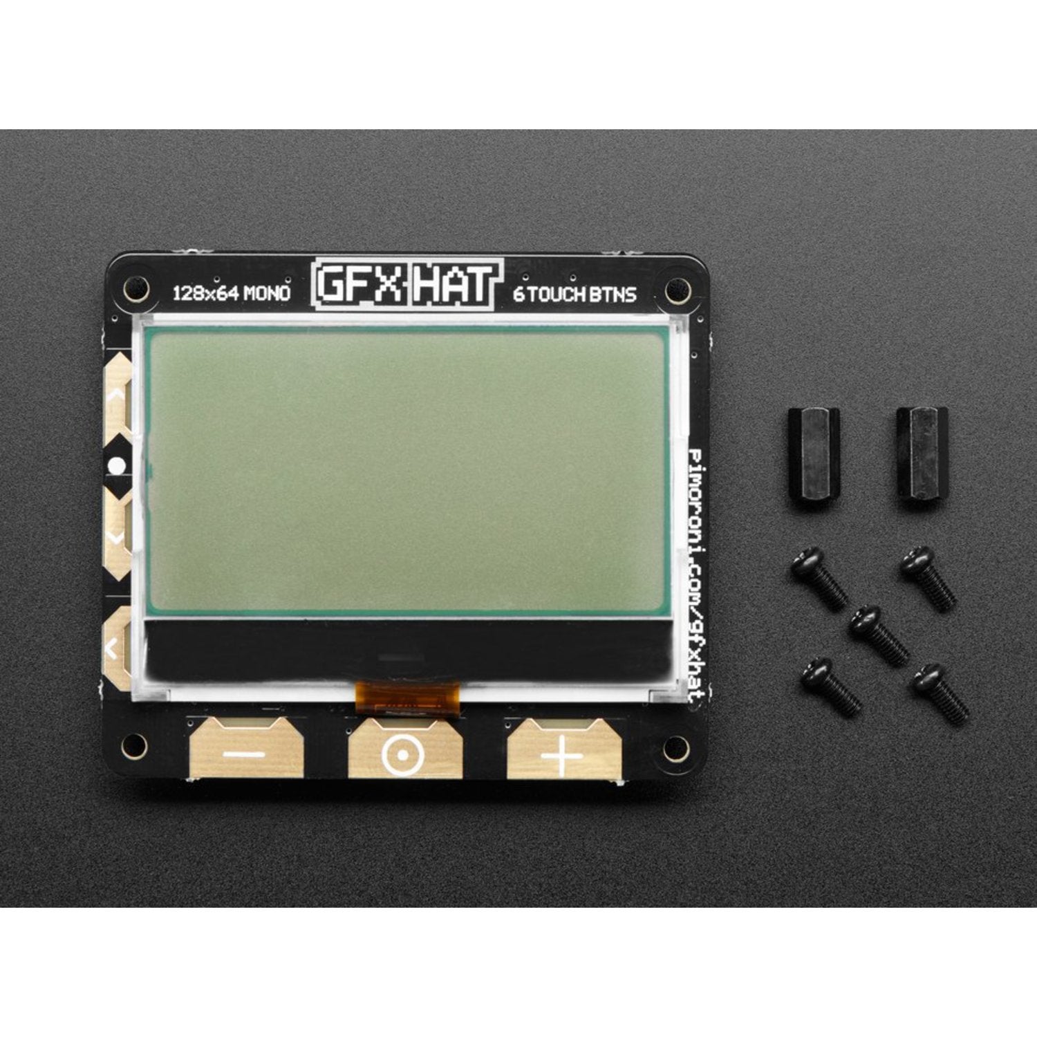 Pimoroni GFX HAT - A Premium 128x64 LCD Display Module with RGB Backlight and Six Capacitive Touch Buttons for Raspberry Pi Projects