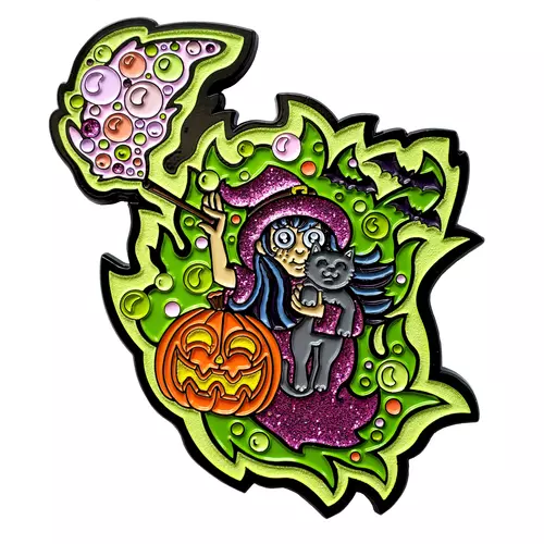 3-Inch UV Reactive Glowing Purple Glitter Halloween Witch Enamel Pin